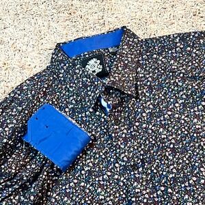 English Laundry Mens XL Floral Print Long Sleeve Button Up Shirt Blue Trim